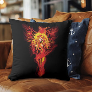 Fiery Red Fantasy Phoenix Woman Black Cushion