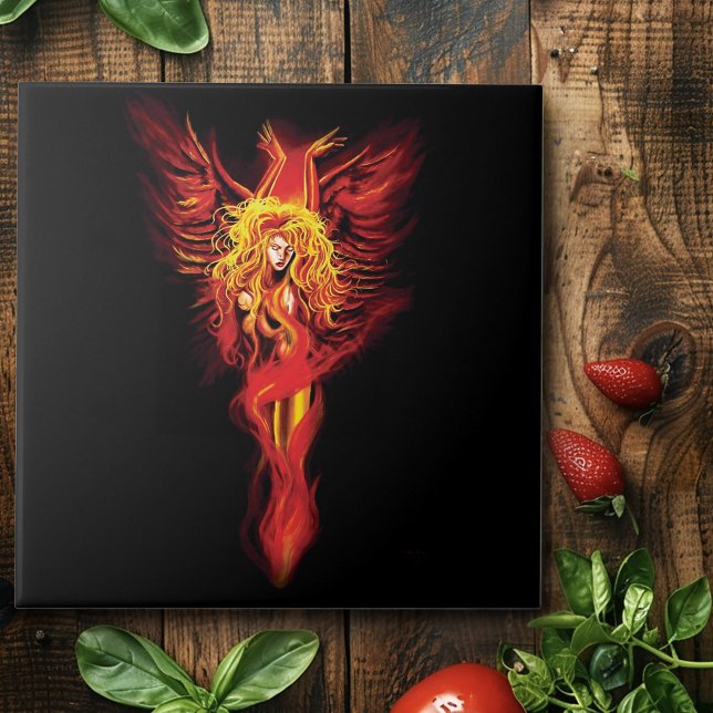 Fiery Red Fantasy Phoenix Woman Black Tile (Creator Uploaded)