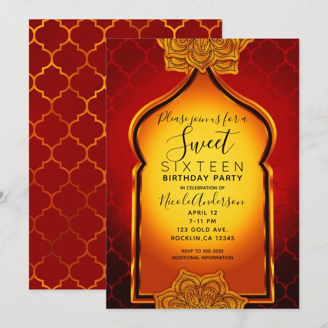 Fiery Red Gold Royal Indian Arabian Sweet 16 Party Invitation (Front/Back)