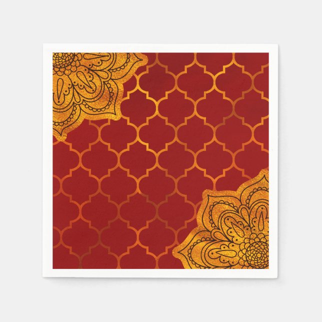 Fiery Red Gold Royal Indian Arabian Theme Moroccan Napkin (Front)