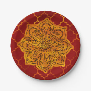 Fiery Red Gold Royal Indian Arabian Theme Moroccan Paper Plate