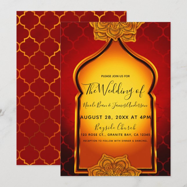 Fiery Red Gold Royal Indian Arabian Theme Wedding Invitation (Front/Back)
