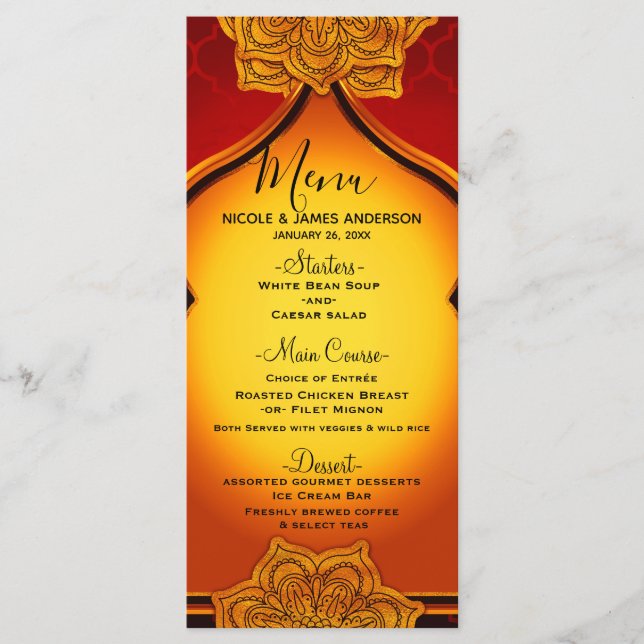 Fiery Red Gold Royal Mandala Indian Moroccan Menu (Front)