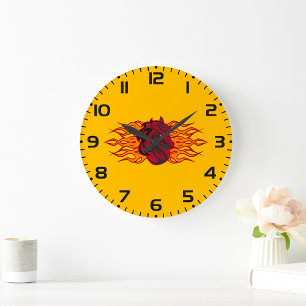 Fiery Red Horse Head with Flames Large Clock