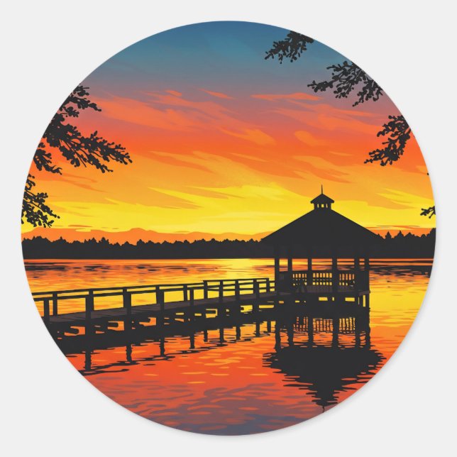 Fiery Red Lake Sunset with Dock Classic Round Sticker (Front)