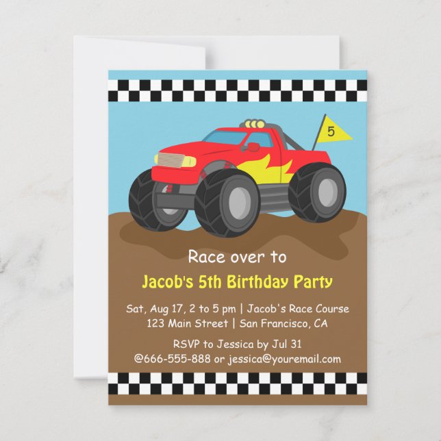 Fiery Red Monster Truck Birthday Party Invitation (Front)