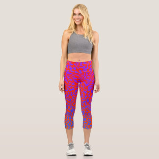 Fiery Red Orange Purple Leopard Wide Waistband Capri Leggings
