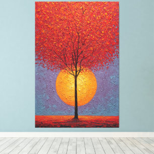 Fiery Red Tree with Golden Sun Textured Abstract Canvas Print
