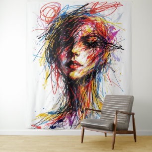 Fiery Scribble Portrait Emotional Whirl Tapestry