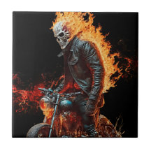 Fiery Skull Biker Ceramic Tile Art