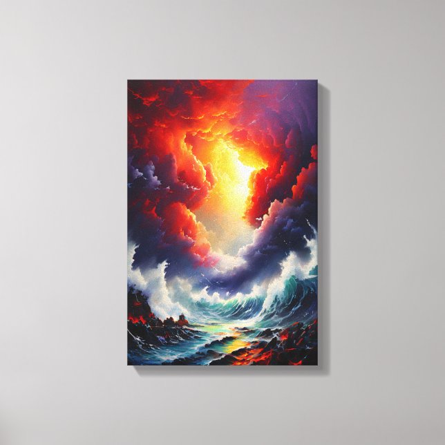 Fiery Sky and Roaring Sea – Dynamic Seascape Art Canvas Print (Front)