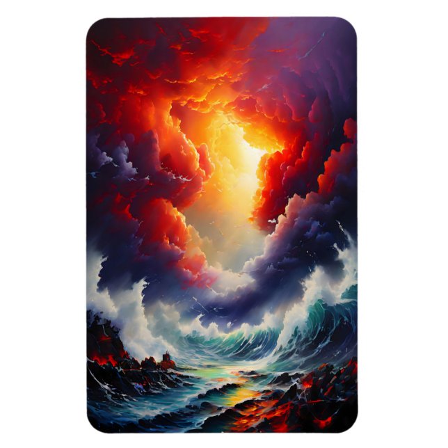 Fiery Sky and Roaring Sea – Dynamic Seascape Art Magnet (Vertical)