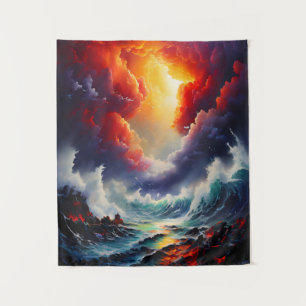 Fiery Sky and Roaring Sea – Dynamic Seascape Art Tapestry