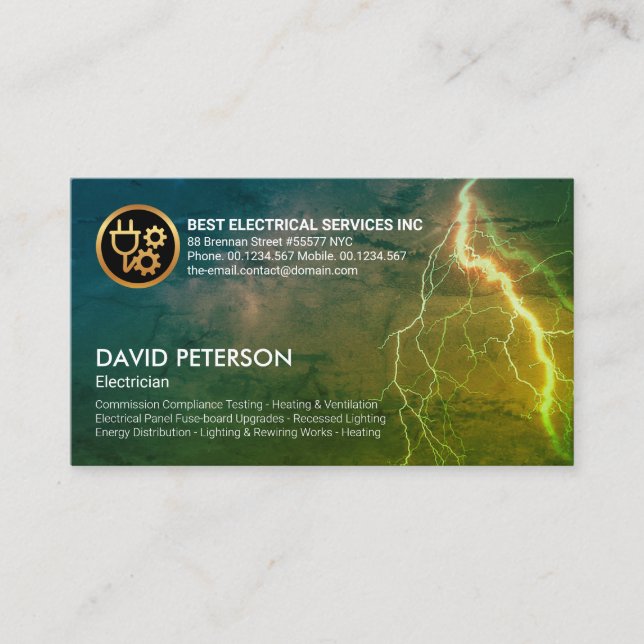 Fiery Sky Illuminating Lightning Electrician Business Card (Front)