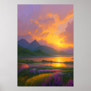 Fiery Sunset, Beautiful Lake with Green Banks Poster