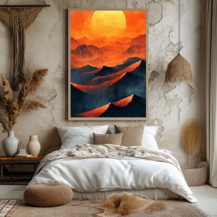 Fiery Sunset Mountains in Monochrome Orange Poster