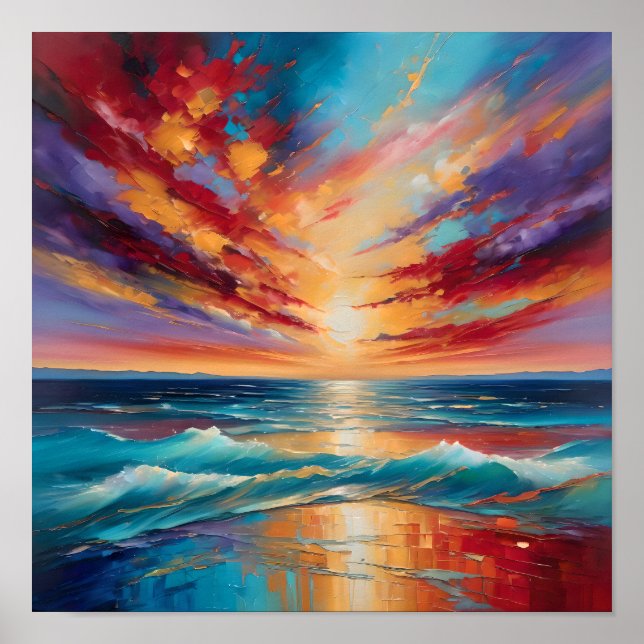 Fiery Sunset Over Ocean Waves – Abstract   Poster (Front)