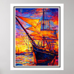 Fiery Sunset Tall Ship – Colorful Impressionist Na Poster