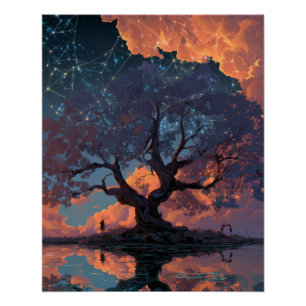 Fiery Sunset Tree Reflection Fantasy Art Poster
