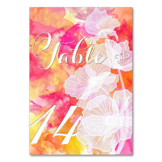 FIERY SUNSET WATERCOLOR HOLLYHOCK TABLE CARDS (Front)
