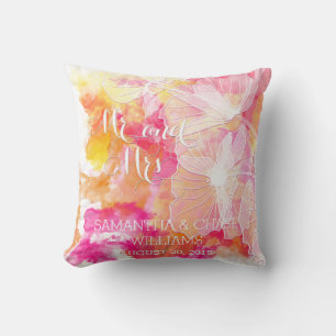 FIERY SUNSET WATERCOLOR HOLLYHOCK WEDDING PILLOW