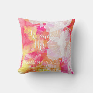 FIERY SUNSET WATERCOLOR HOLLYHOCK WEDDING PILLOW