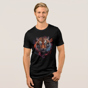 Fiery Tiger Face in Smoke and Flame Art Tri-Blend Shirt