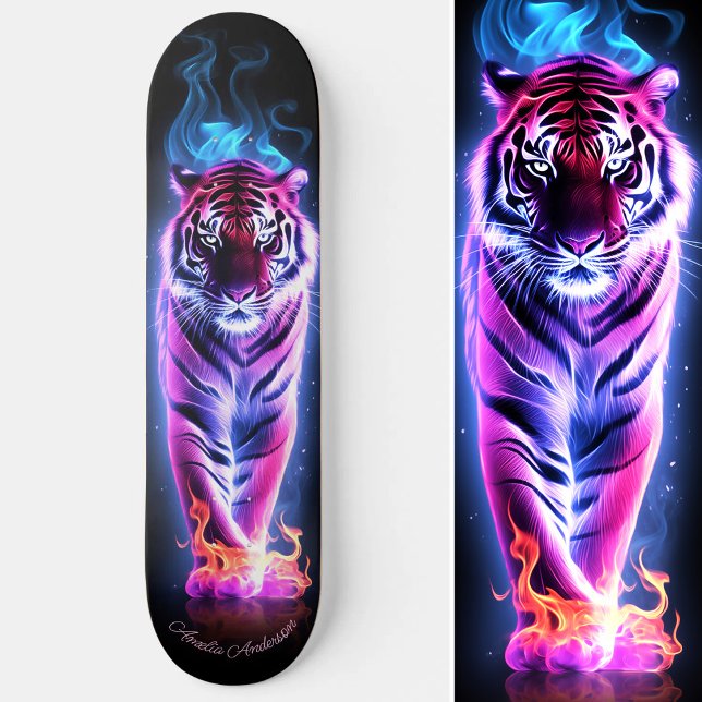 Fiery Tiger Pink & Blue Glowing Cool Style Skateboard (Fiery Tiger Pink & Blue Glowing Cool Style Skateboard)