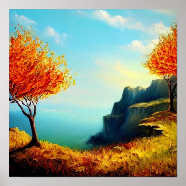 Fiery Trees on a Cliffside Oceanscape Poster (Front)