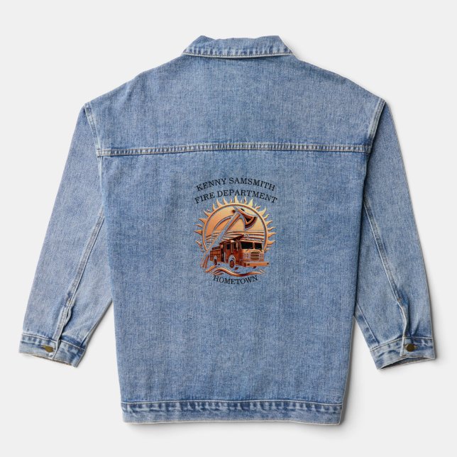 Fiery Valour Intricate Heroic Design Of Fire Truck Denim Jacket (Back)