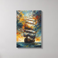 Fiery Voyage – Dramatic Sailing Ship at Sunset Art