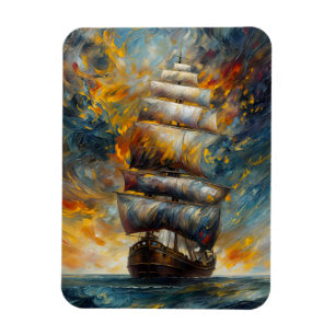 Fiery Voyage Dramatic Sailing Ship at Sunset Art Magnet