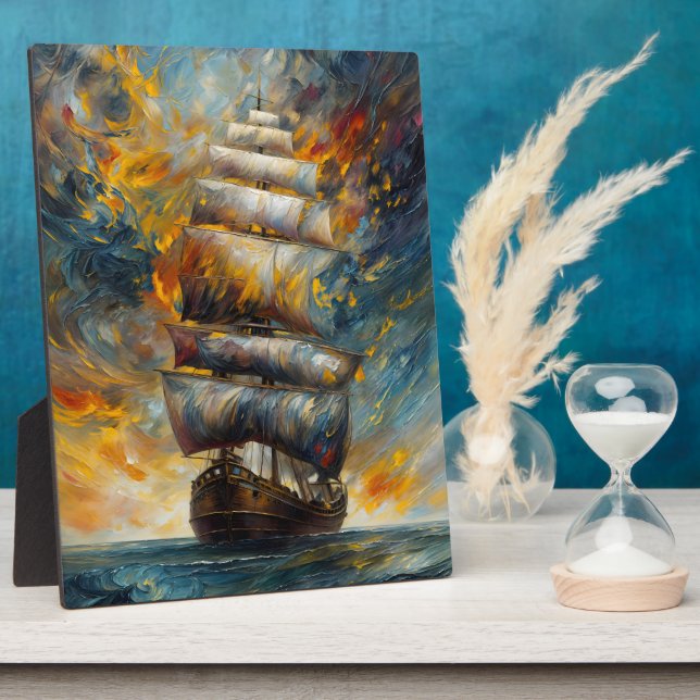 Fiery Voyage Dramatic Sailing Ship at Sunset Art Plaque (Side)