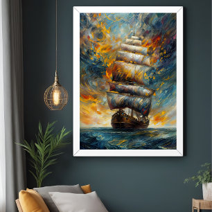 Fiery Voyage – Dramatic Sailing Ship at Sunset Art Poster