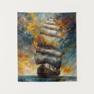 Fiery Voyage Dramatic Sailing Ship at Sunset Art Tapestry