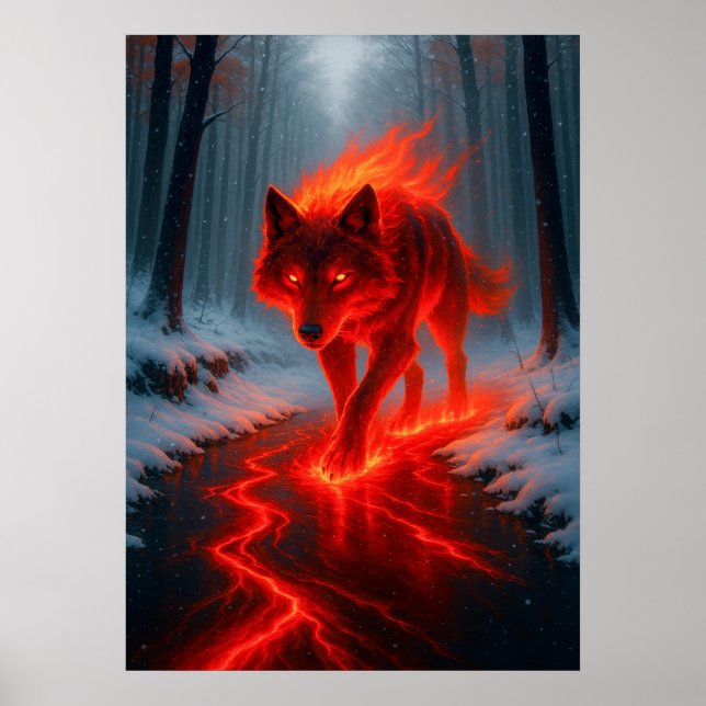Fiery Wolf in Snow Fantasy Spirit Animal Poster (Front)