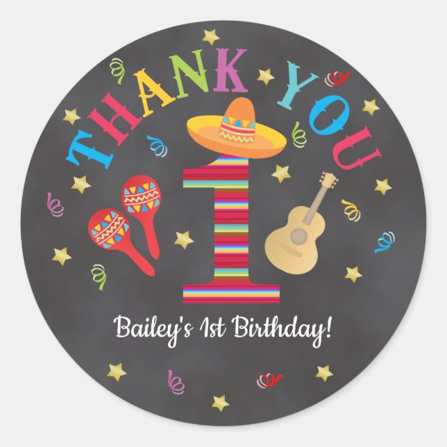 Fiesta 1st Birthday Colours on Chalkboard Classic Round Sticker (Front)