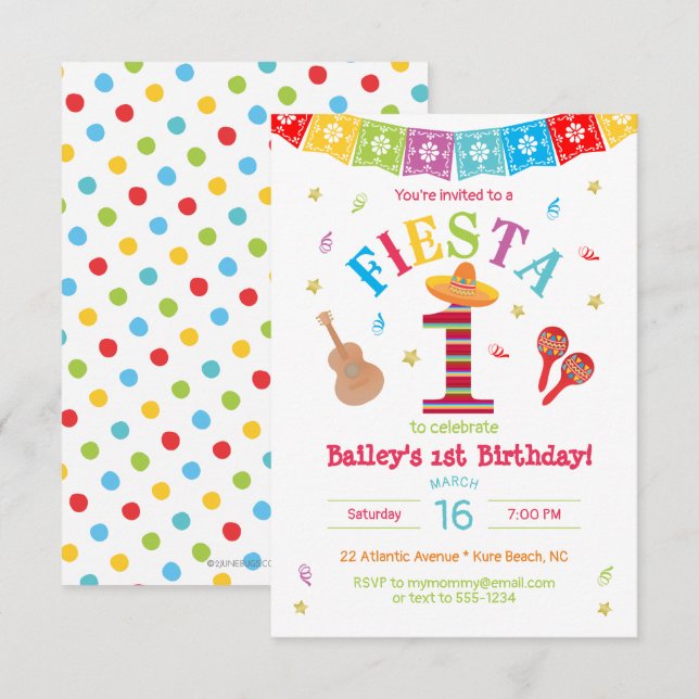 Fiesta 1st Birthday Invitation Mexican Colourful (Front/Back)