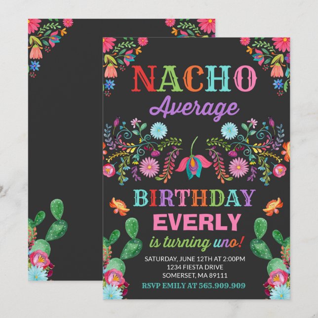 Fiesta 1st Birthday Invitation Nacho Average Party (Front/Back)