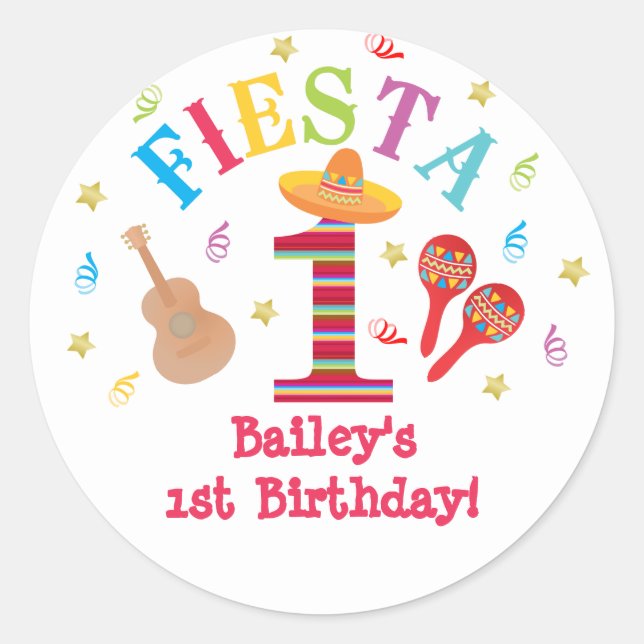 Fiesta 1st Birthday Mexican Sombrero Maracas Classic Round Sticker (Front)