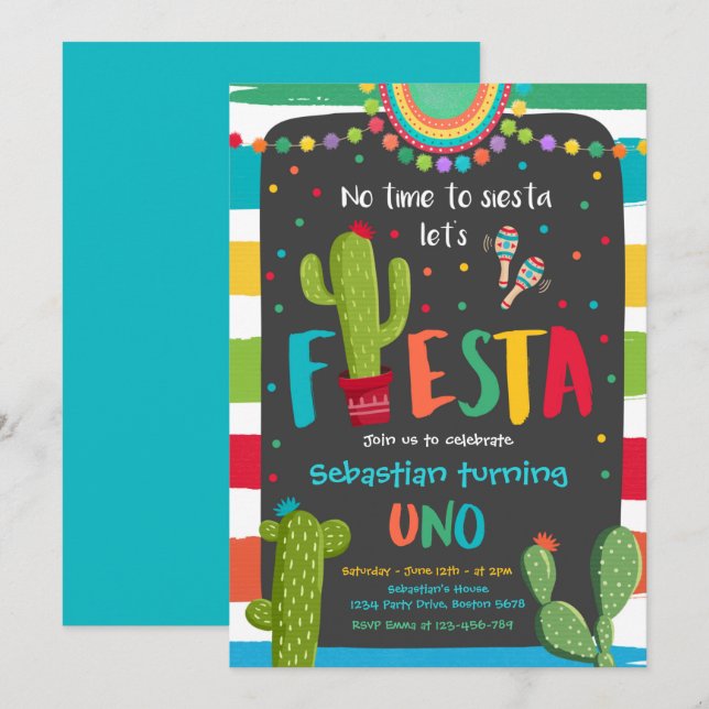 Fiesta 1st Birthday Party Mexican Cactus Party Inv Invitation (Front/Back)