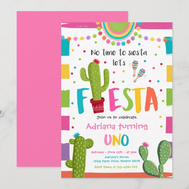 Fiesta 1st Birthday Party Mexican Cactus Party Invitation (Front/Back)