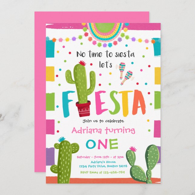 Fiesta 1st Birthday Party Mexican Cactus Party Invitation (Front/Back)