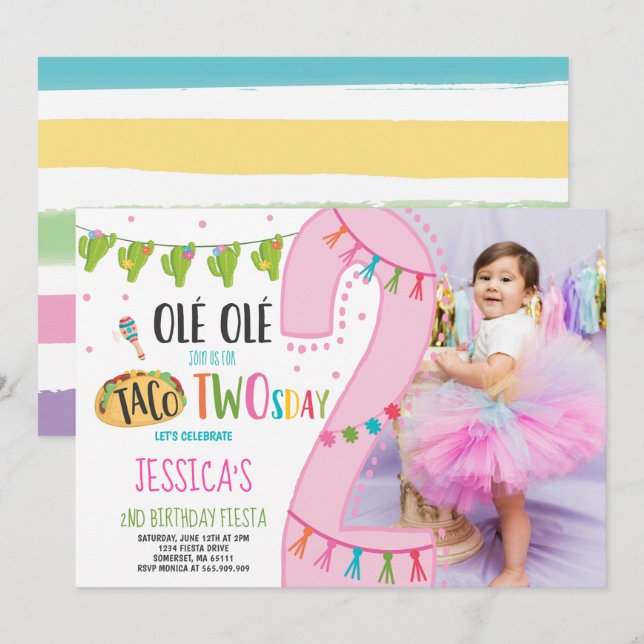 Fiesta 2nd Birthday Invitation Taco Twosday Party (Front/Back)