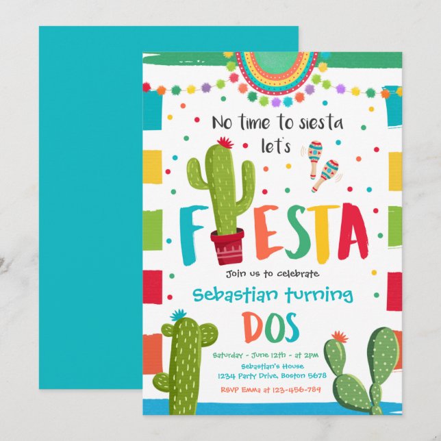 Fiesta 2nd Birthday Party Mexican Cactus Party Inv Invitation (Front/Back)