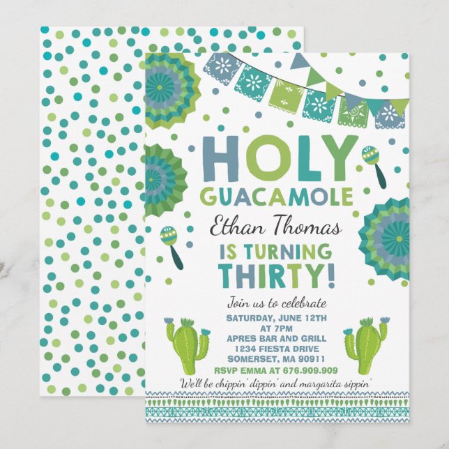 Fiesta 30th Birthday Invitation Holy Guacamole 30 (Front/Back)