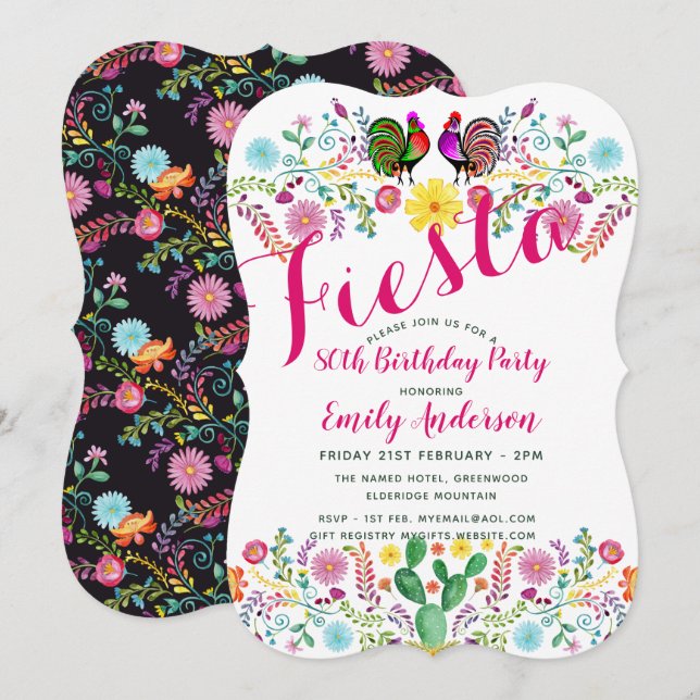 FIESTA 80th Birthday Party Folk Art Flowers Cacti Invitation (Front/Back)