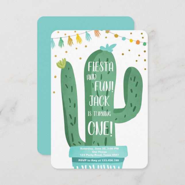 Fiesta and Fun Boy Blue Cactus 1st Birthday Invitation (Front/Back)