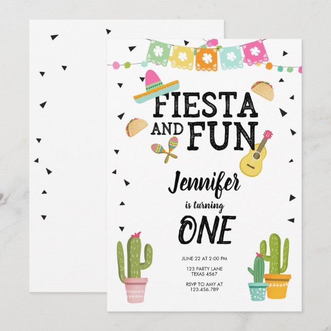 Fiesta and Fun Cactus Mexican Girl First Birthday Invitation (Front/Back)