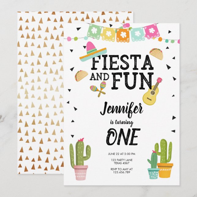 Fiesta and Fun Cactus Mexican Girl First Birthday Invitation (Front/Back)